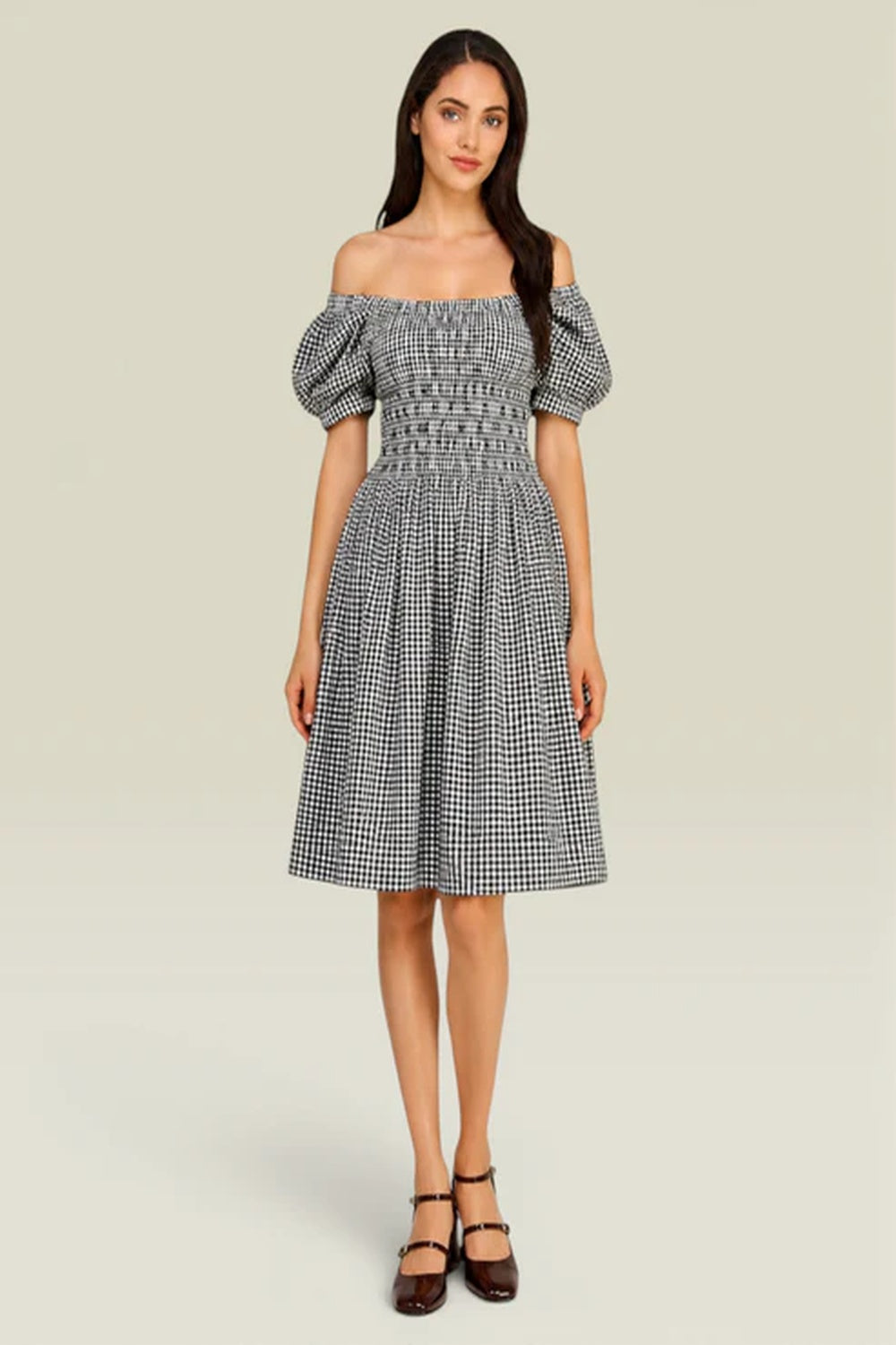 Black White Gingham Smocked Off Shoulder Dress | Puff Sleeve Cotton