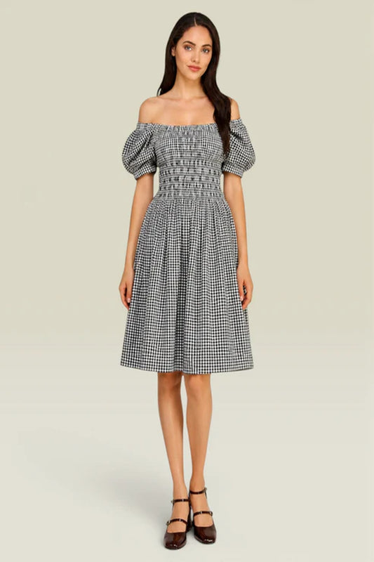Black White Gingham Smocked Off Shoulder Dress | Puff Sleeve Cotton