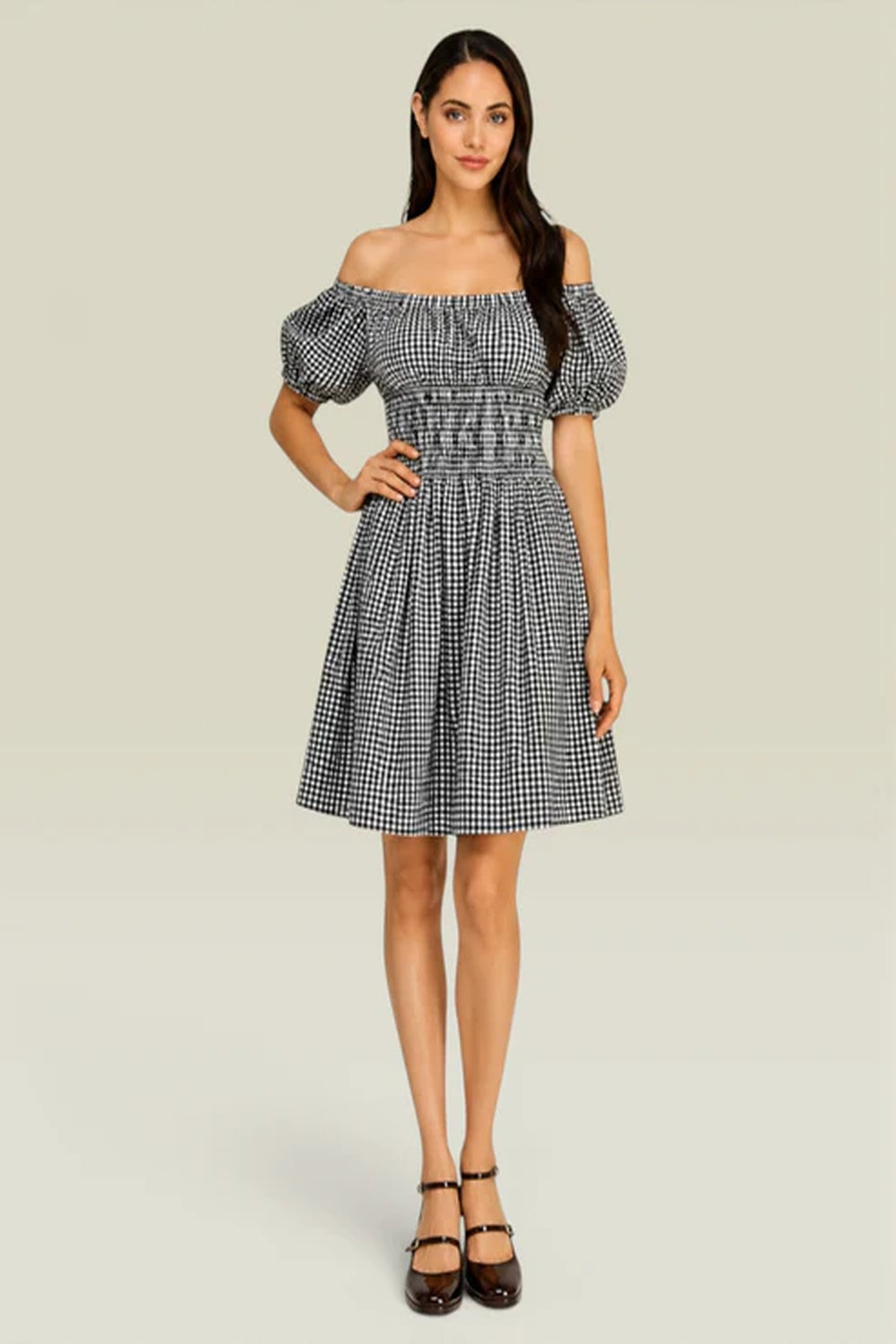 Black White Gingham Smocked Off Shoulder Dress | Puff Sleeve Cotton