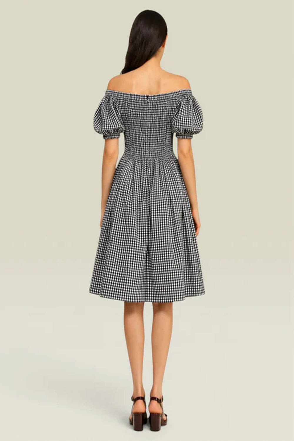 Black White Gingham Smocked Off Shoulder Dress | Puff Sleeve Cotton