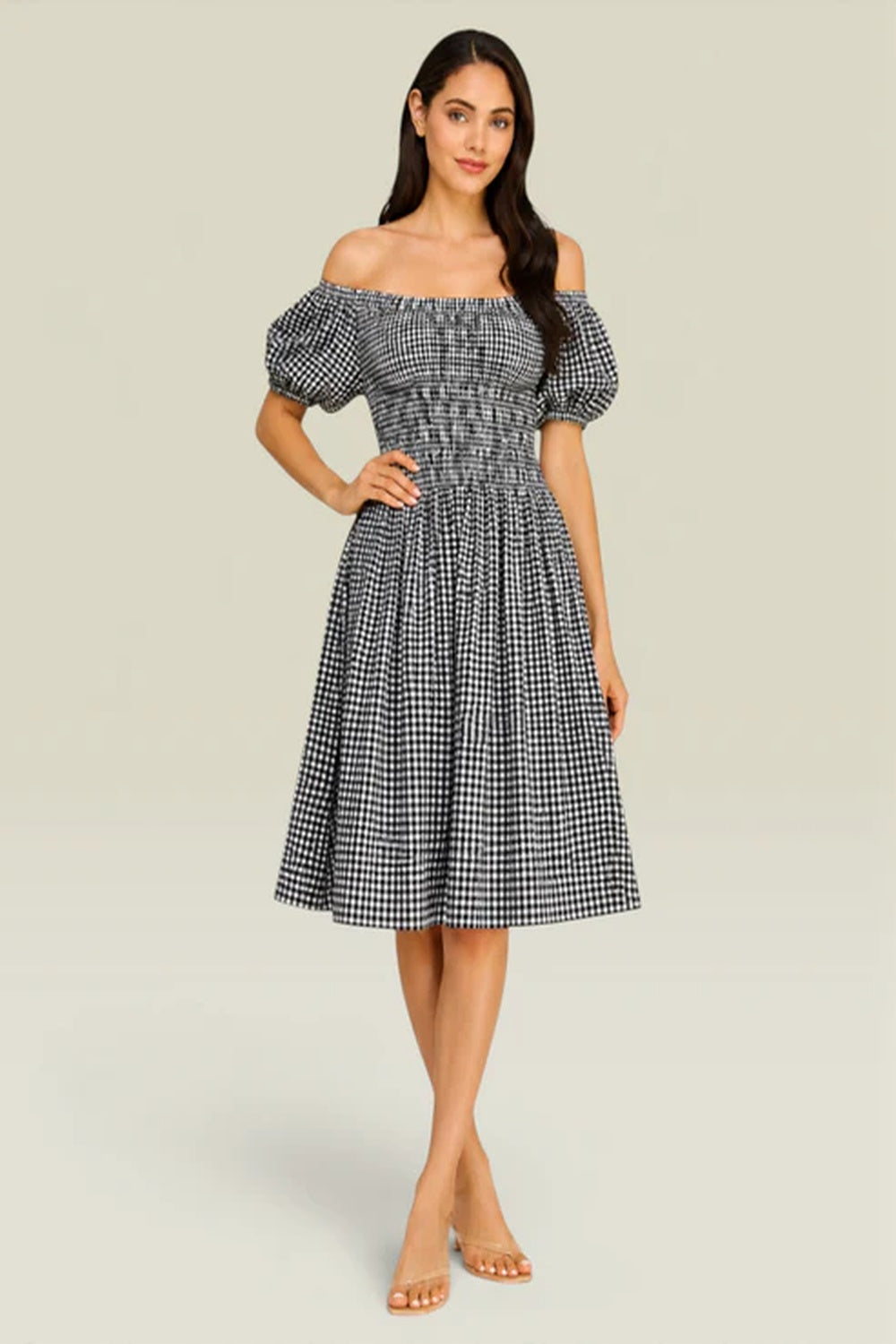 Black White Gingham Smocked Off Shoulder Dress | Puff Sleeve Cotton