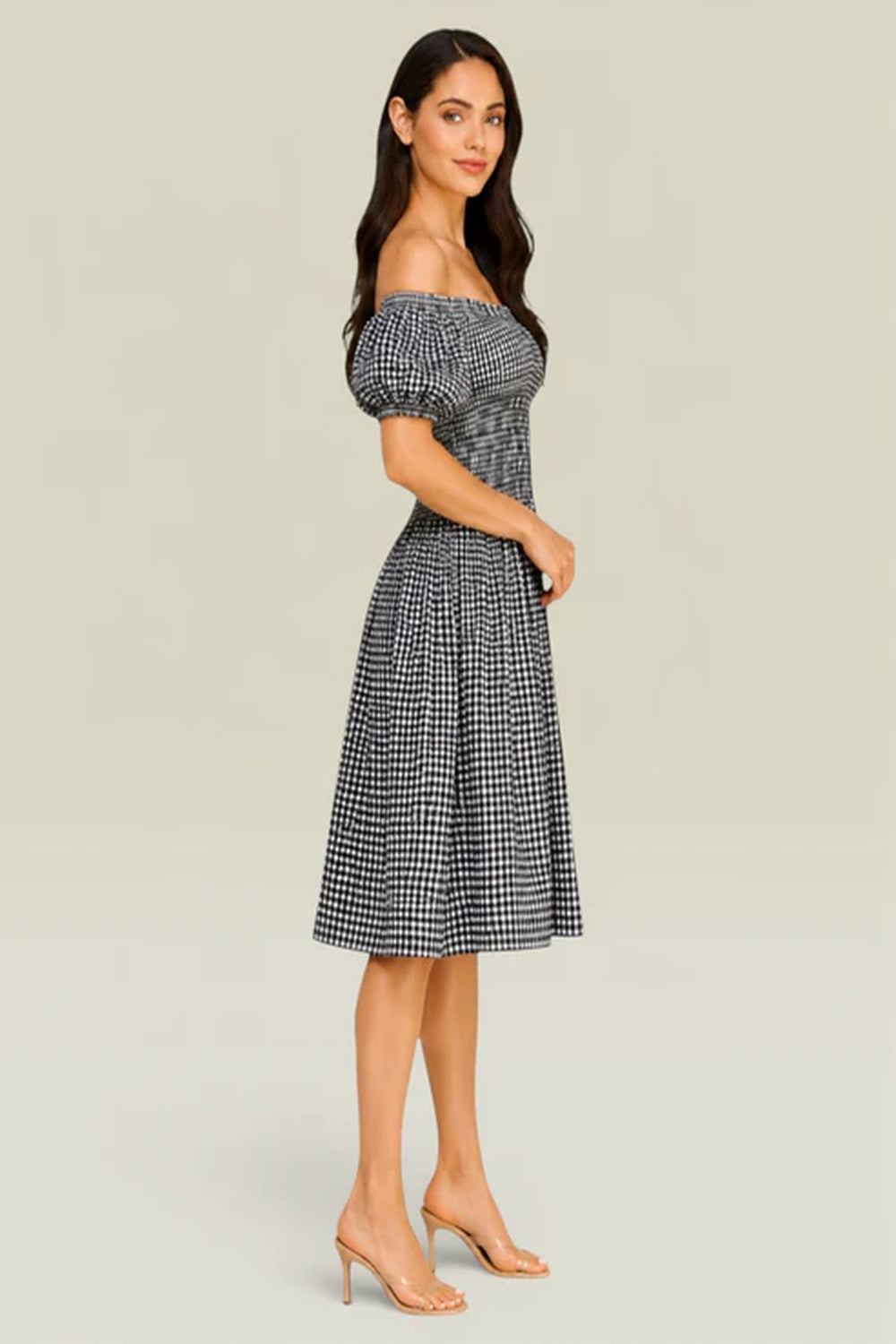 Black White Gingham Smocked Off Shoulder Dress | Puff Sleeve Cotton