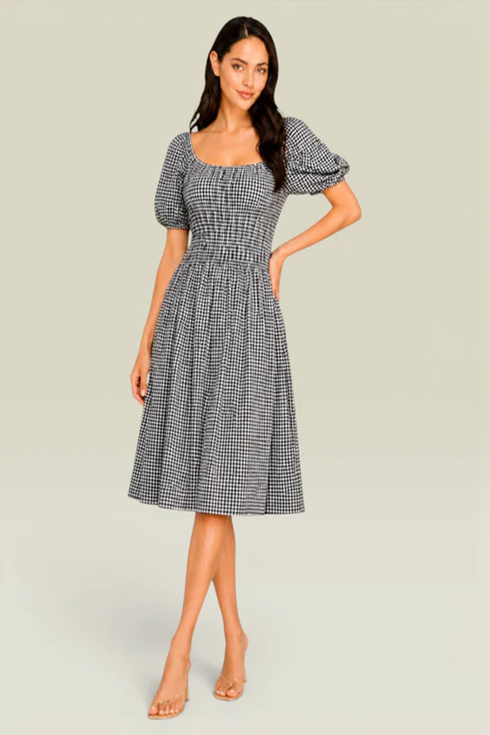 Black White Gingham Smocked Off Shoulder Dress | Puff Sleeve Cotton