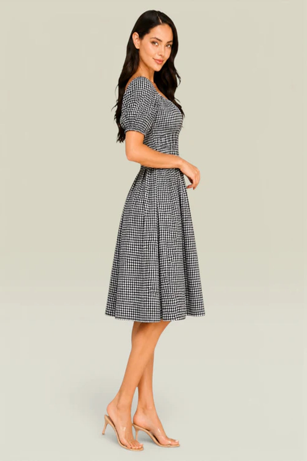 Black White Gingham Smocked Off Shoulder Dress | Puff Sleeve Cotton