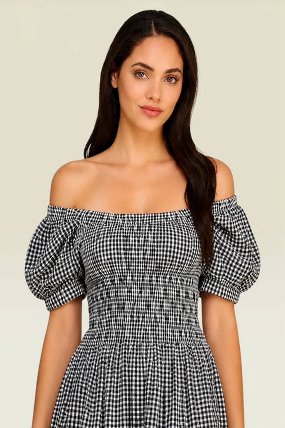 Black White Gingham Smocked Off Shoulder Dress | Puff Sleeve Cotton