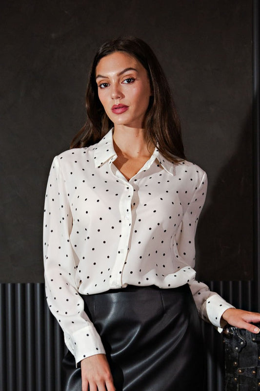 White Polka Dot Button Down Blouse | Classic Shirt