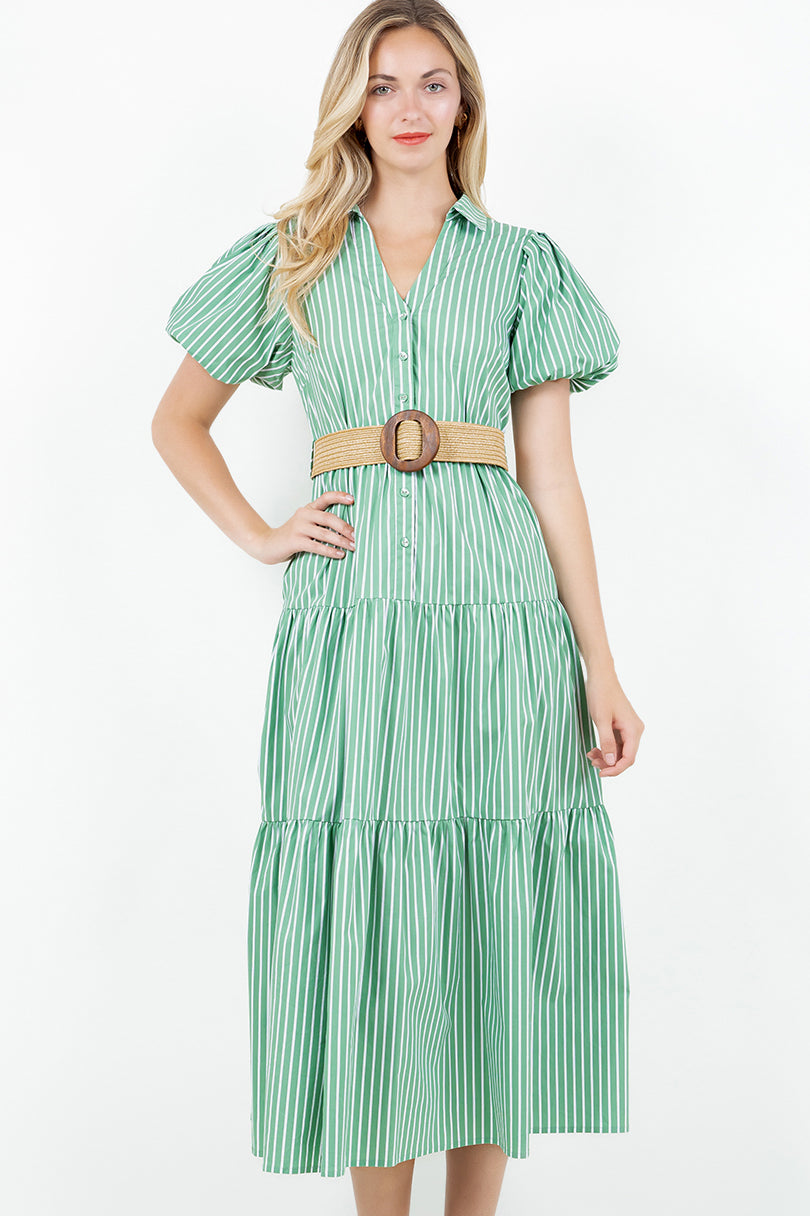 PSD5000-Belted Puff Sleeve Shirt Dress