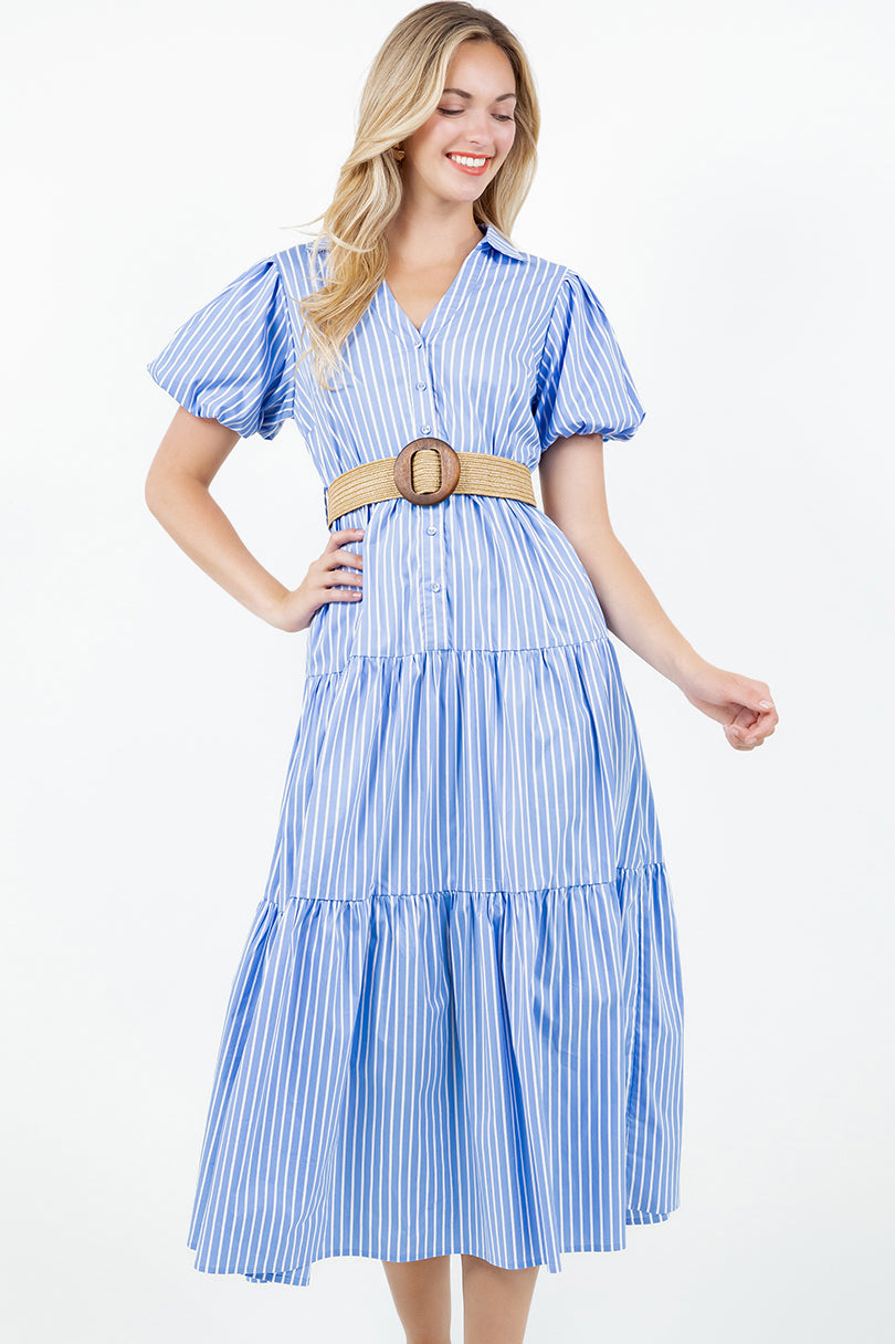 PSD5000-Belted Puff Sleeve Shirt Dress