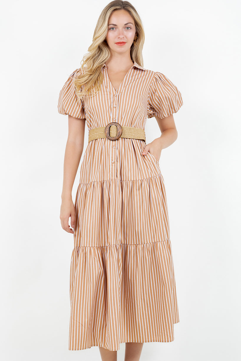PSD5000-Belted Puff Sleeve Shirt Dress