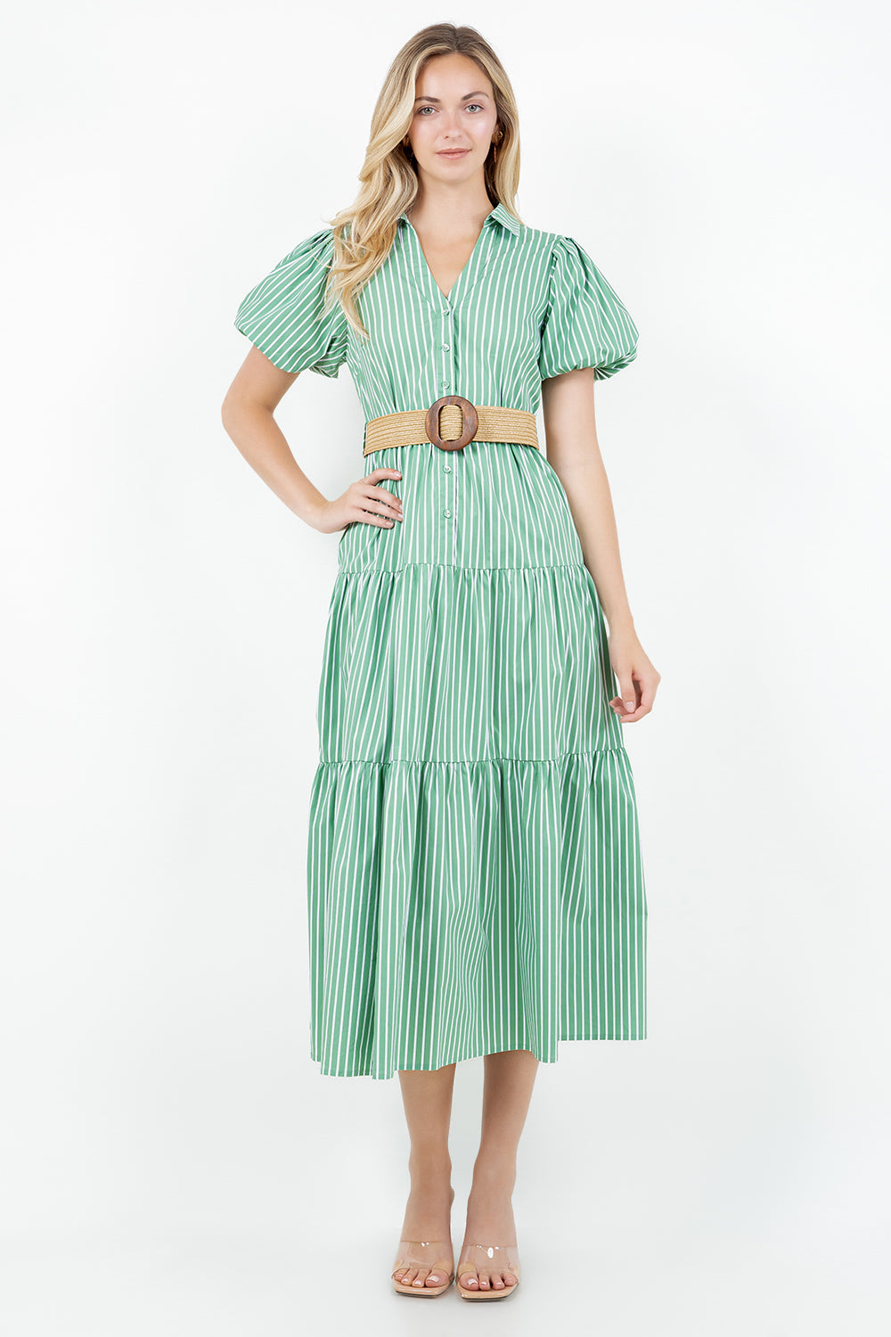 PSD5000-Belted Puff Sleeve Shirt Dress