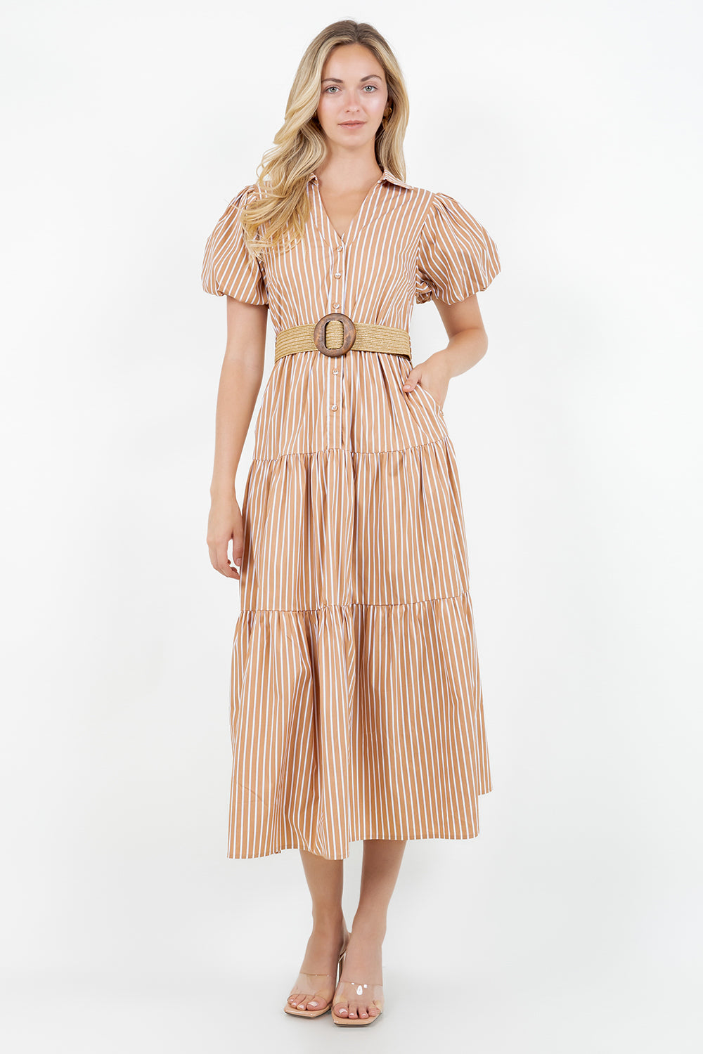 PSD5000-Belted Puff Sleeve Shirt Dress