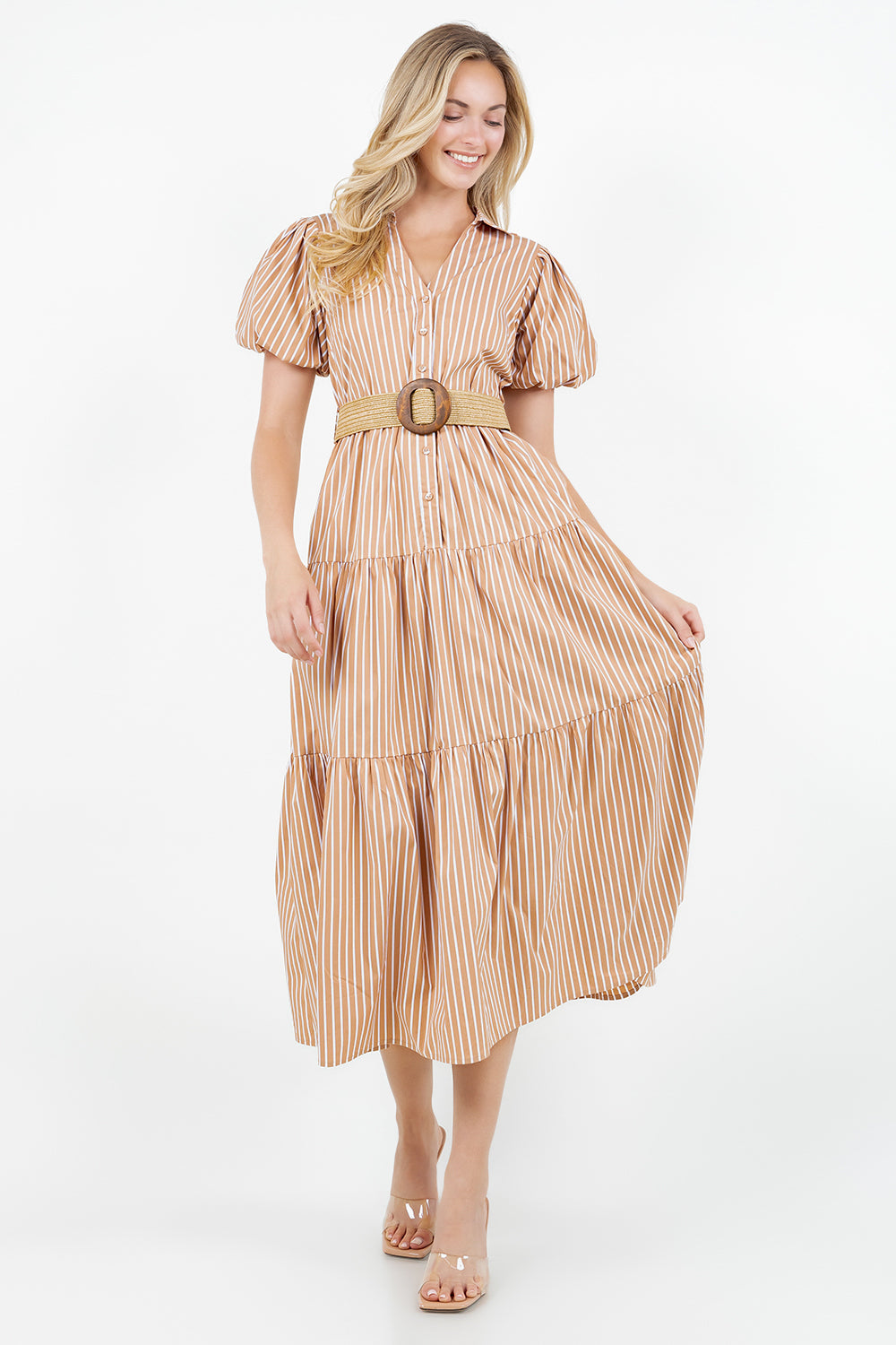 PSD5000-Belted Puff Sleeve Shirt Dress