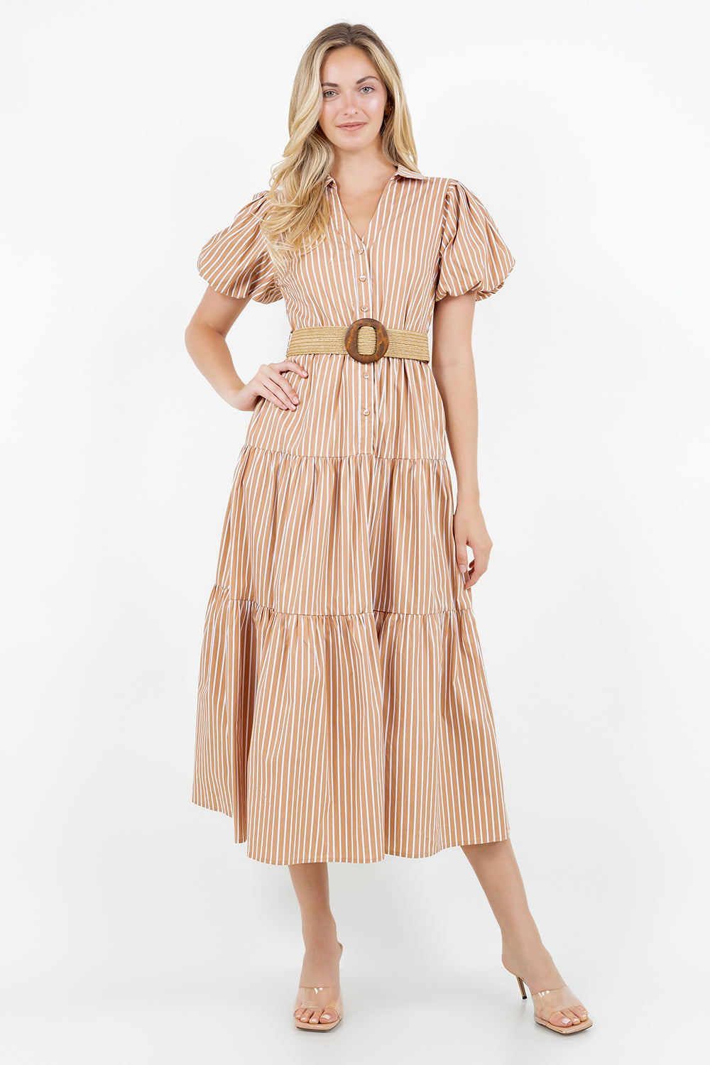 PSD5000-Belted Puff Sleeve Shirt Dress