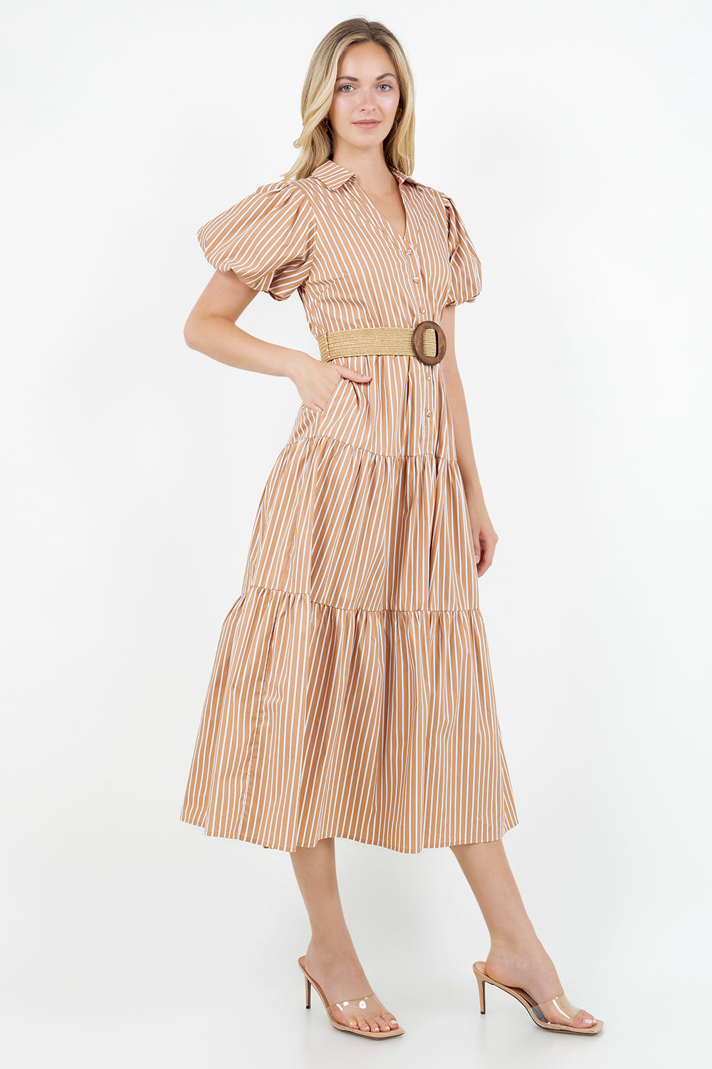 PSD5000-Belted Puff Sleeve Shirt Dress