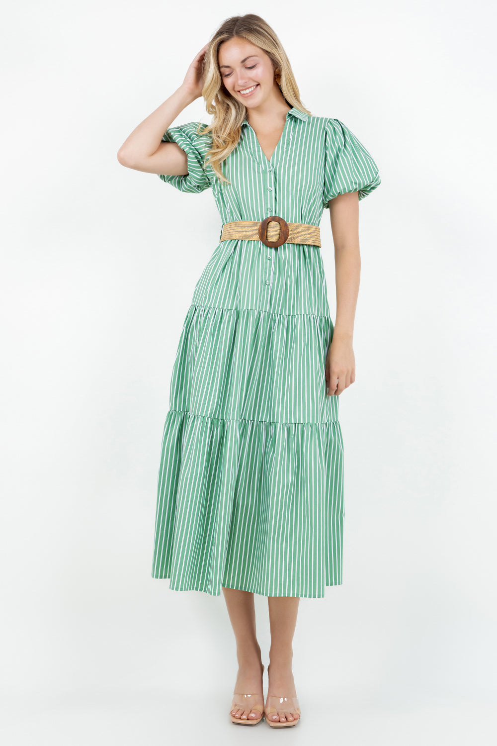 PSD5000-Belted Puff Sleeve Shirt Dress