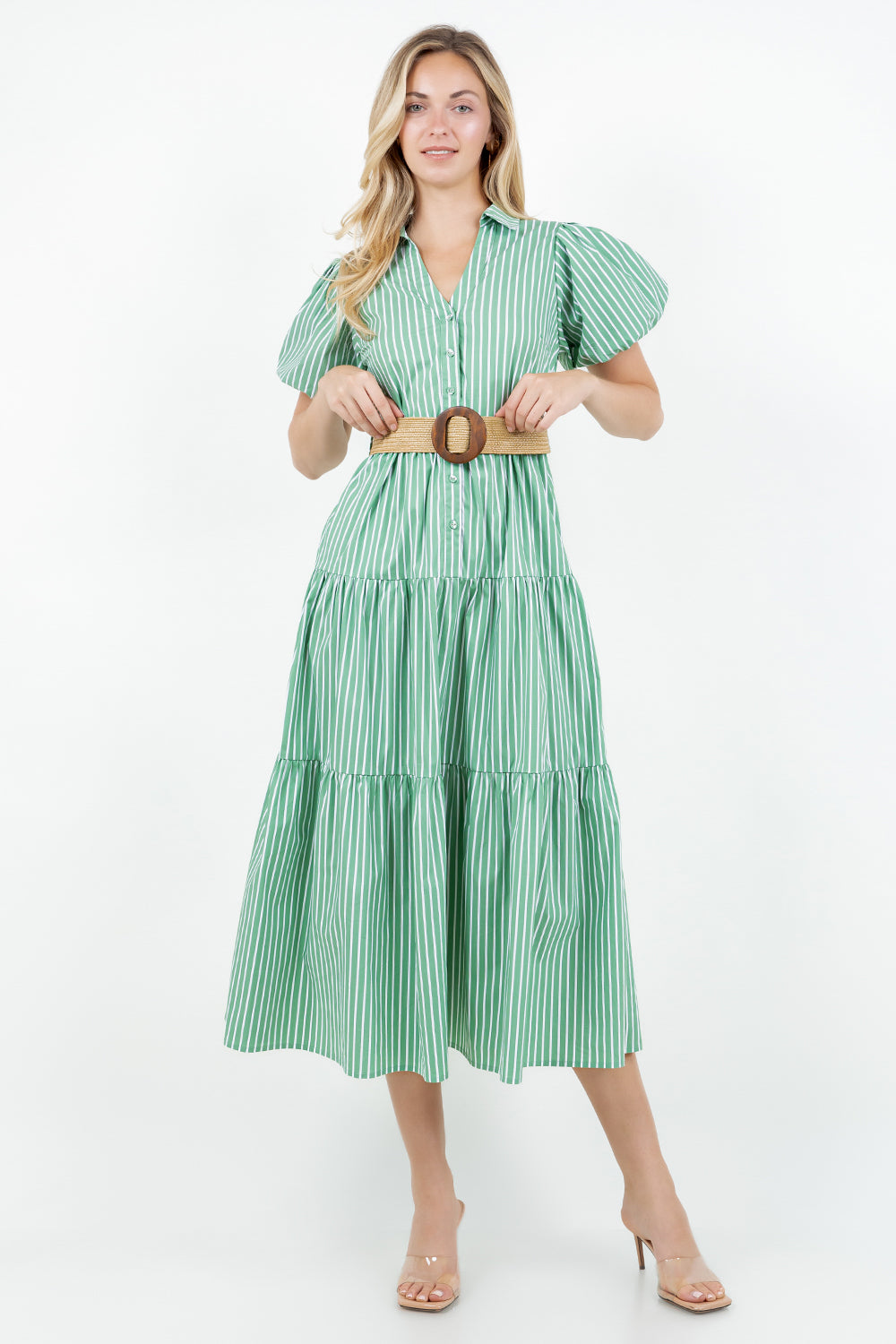 PSD5000-Belted Puff Sleeve Shirt Dress