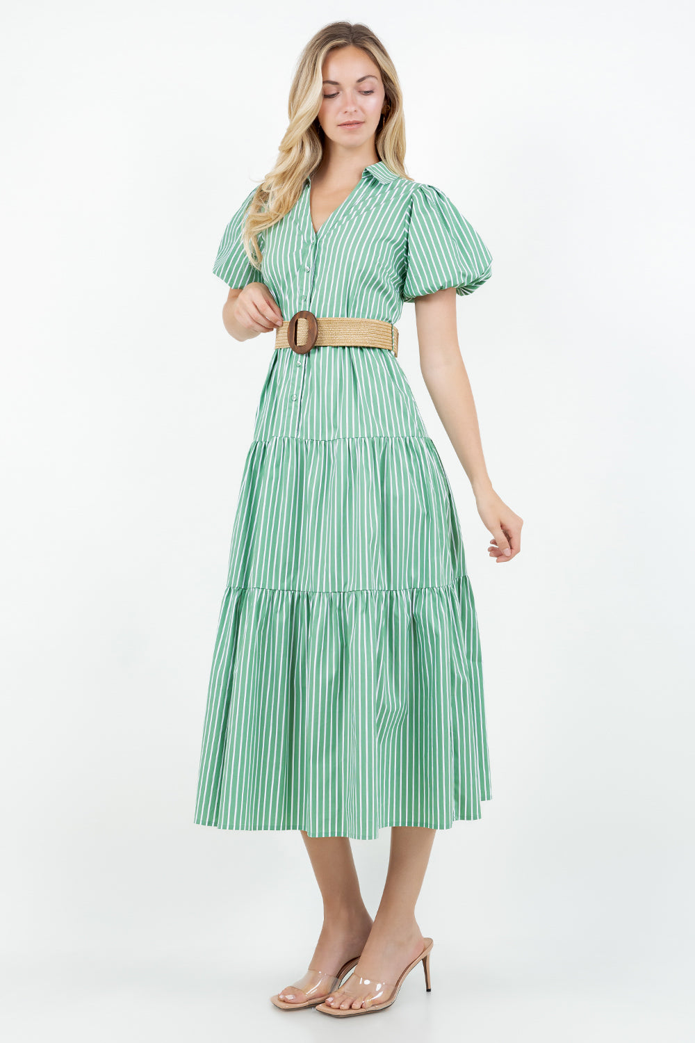 PSD5000-Belted Puff Sleeve Shirt Dress