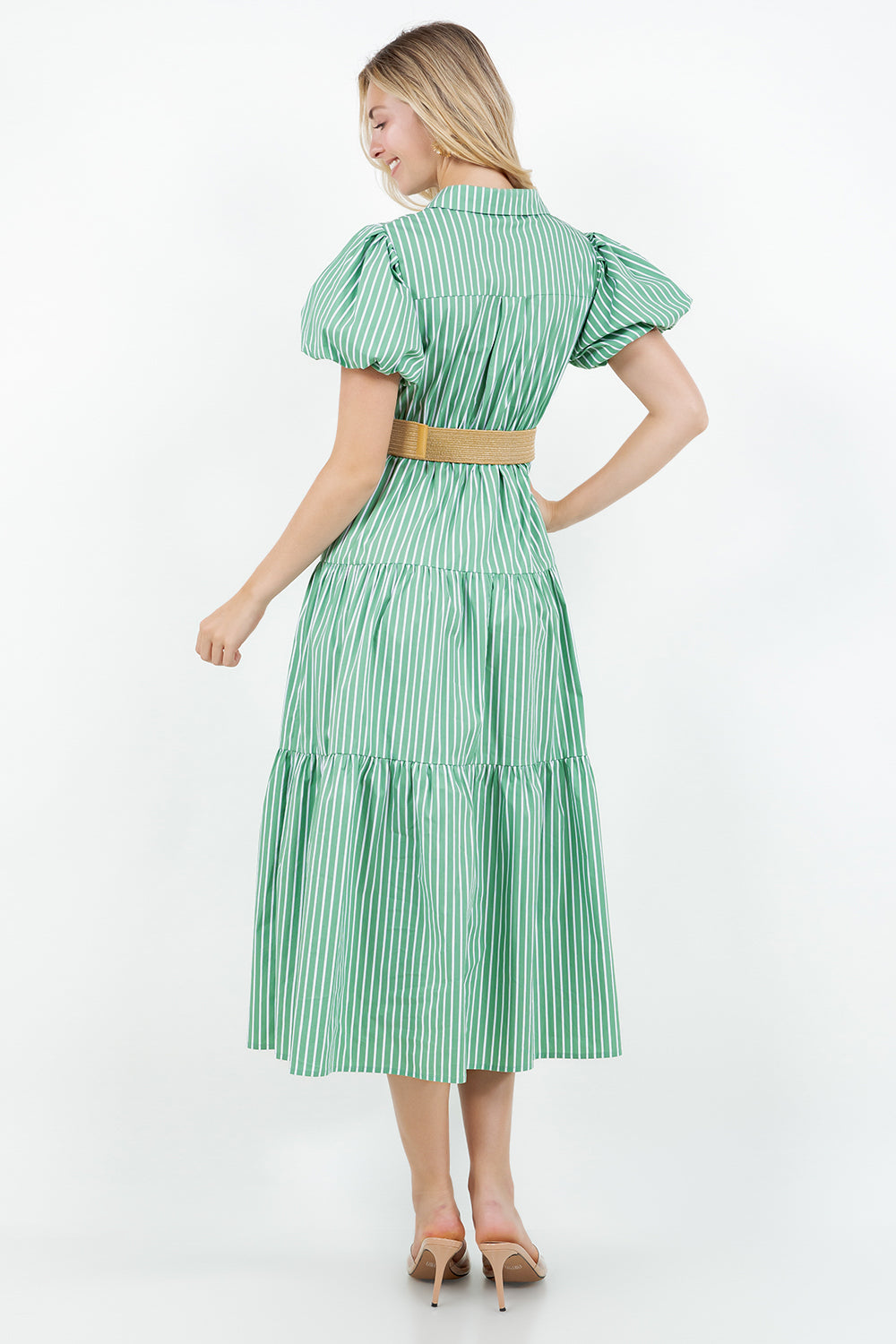 PSD5000-Belted Puff Sleeve Shirt Dress
