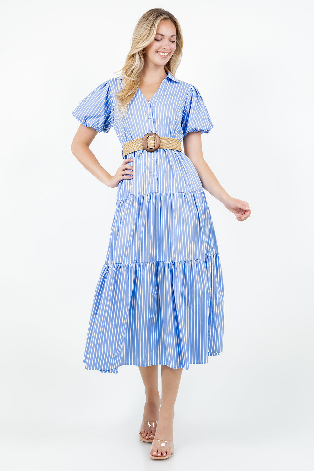 PSD5000-Belted Puff Sleeve Shirt Dress