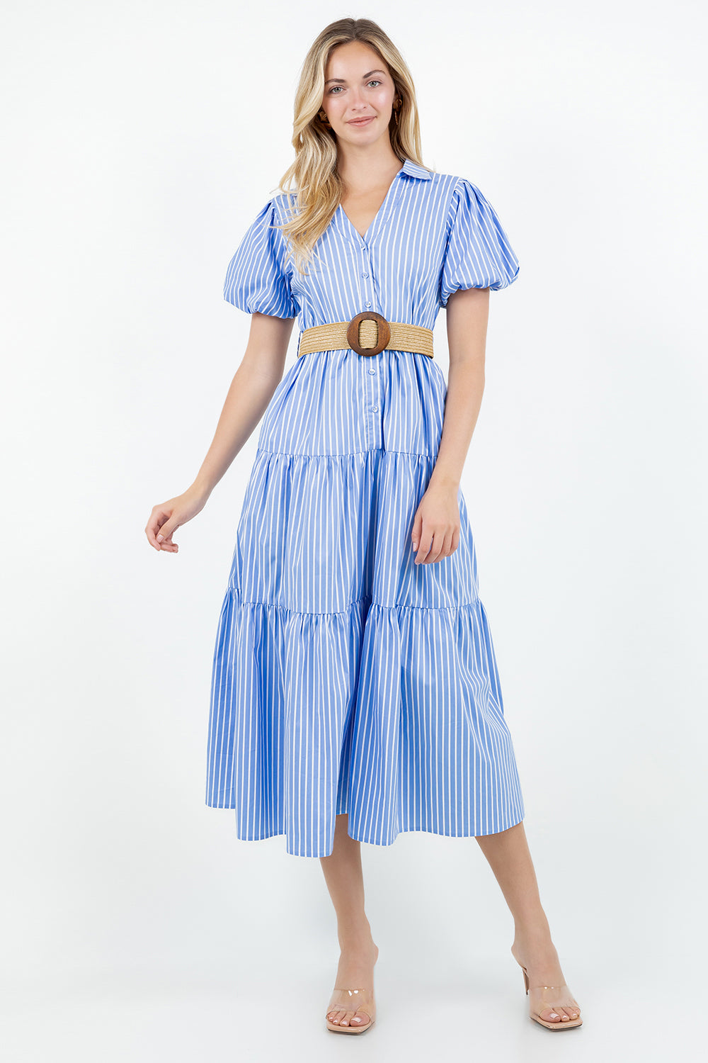 PSD5000-Belted Puff Sleeve Shirt Dress