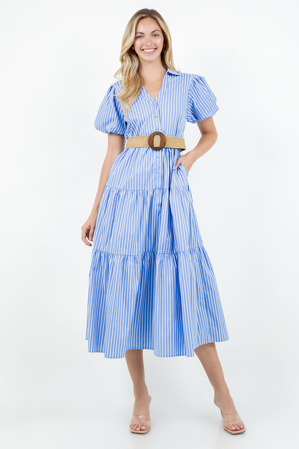PSD5000-Belted Puff Sleeve Shirt Dress