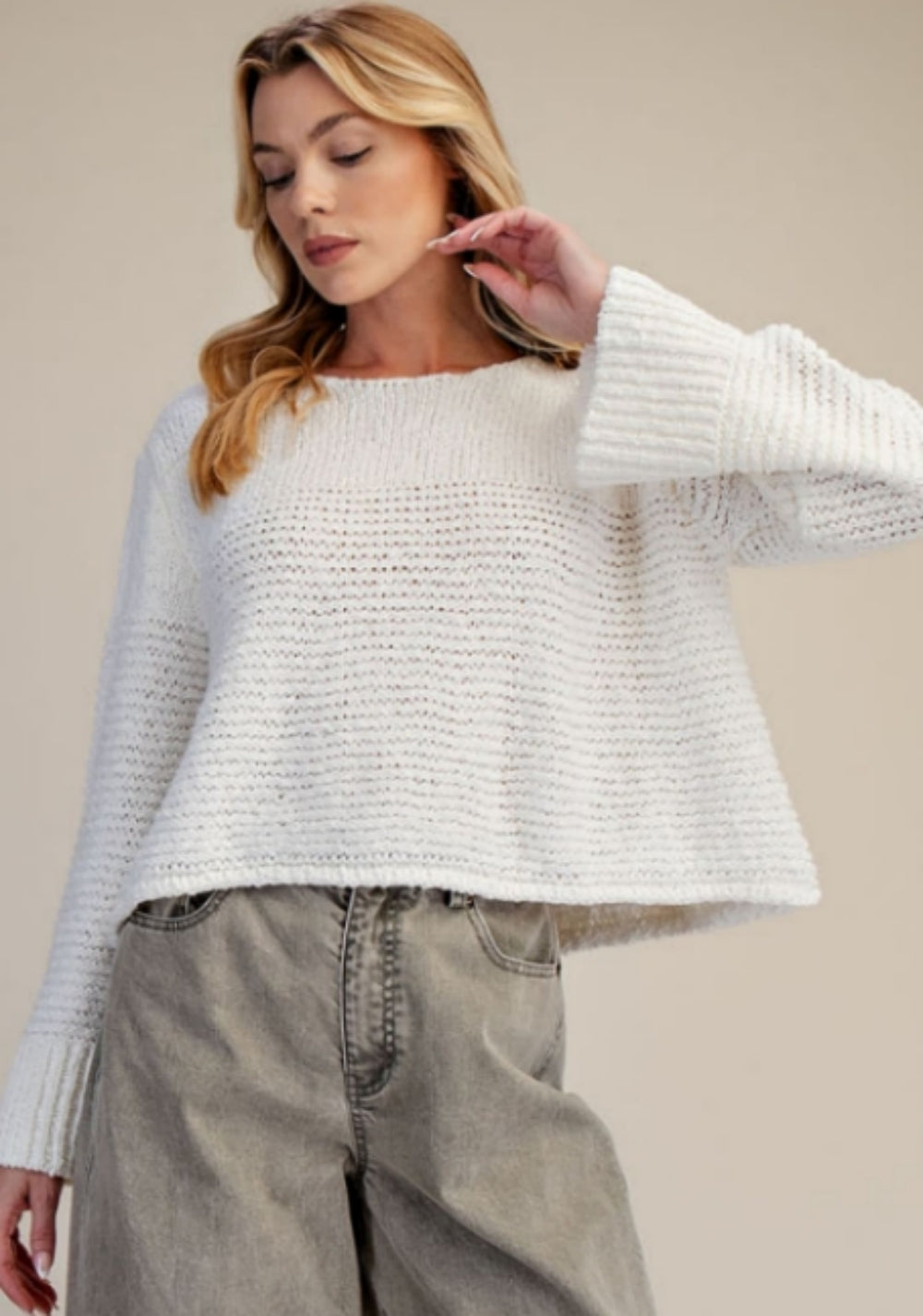 Textured Knit Boat Neck Sweater Top