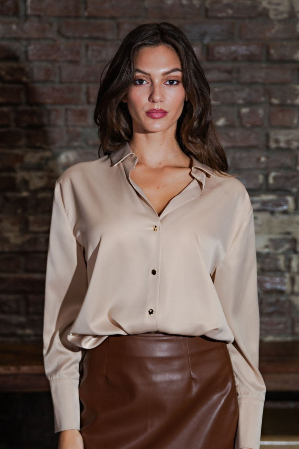 Stretch Satin Collared Shirt