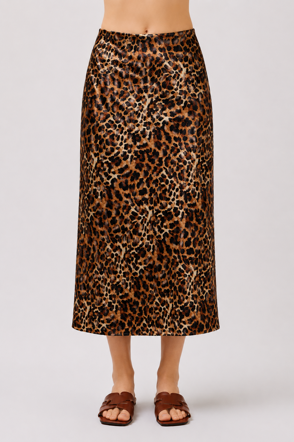 Leopard Print Stretch Satin Midi Skirt | Slim Fit