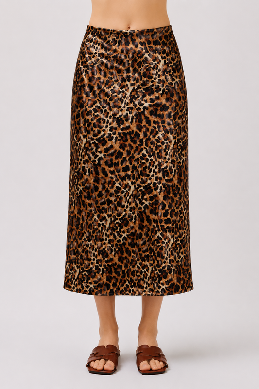 Leopard Print Stretch Satin Midi Skirt | Slim Fit