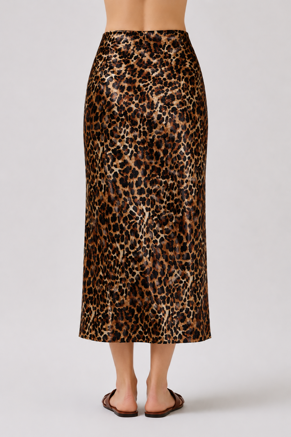 Leopard Print Stretch Satin Midi Skirt | Slim Fit