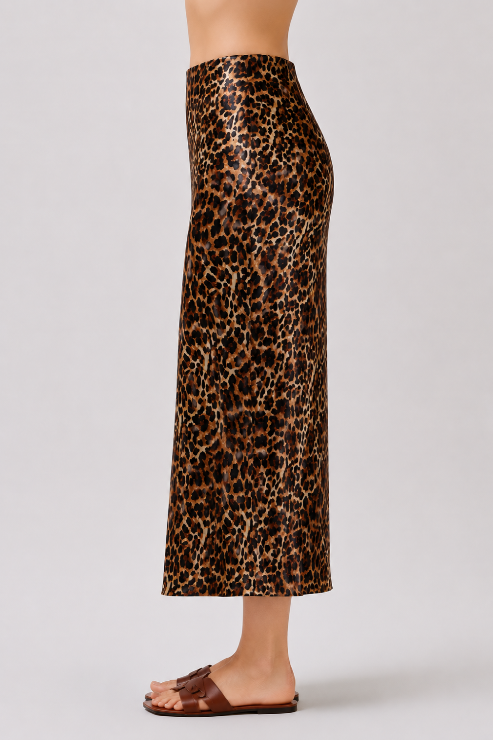 Leopard Print Stretch Satin Midi Skirt | Slim Fit