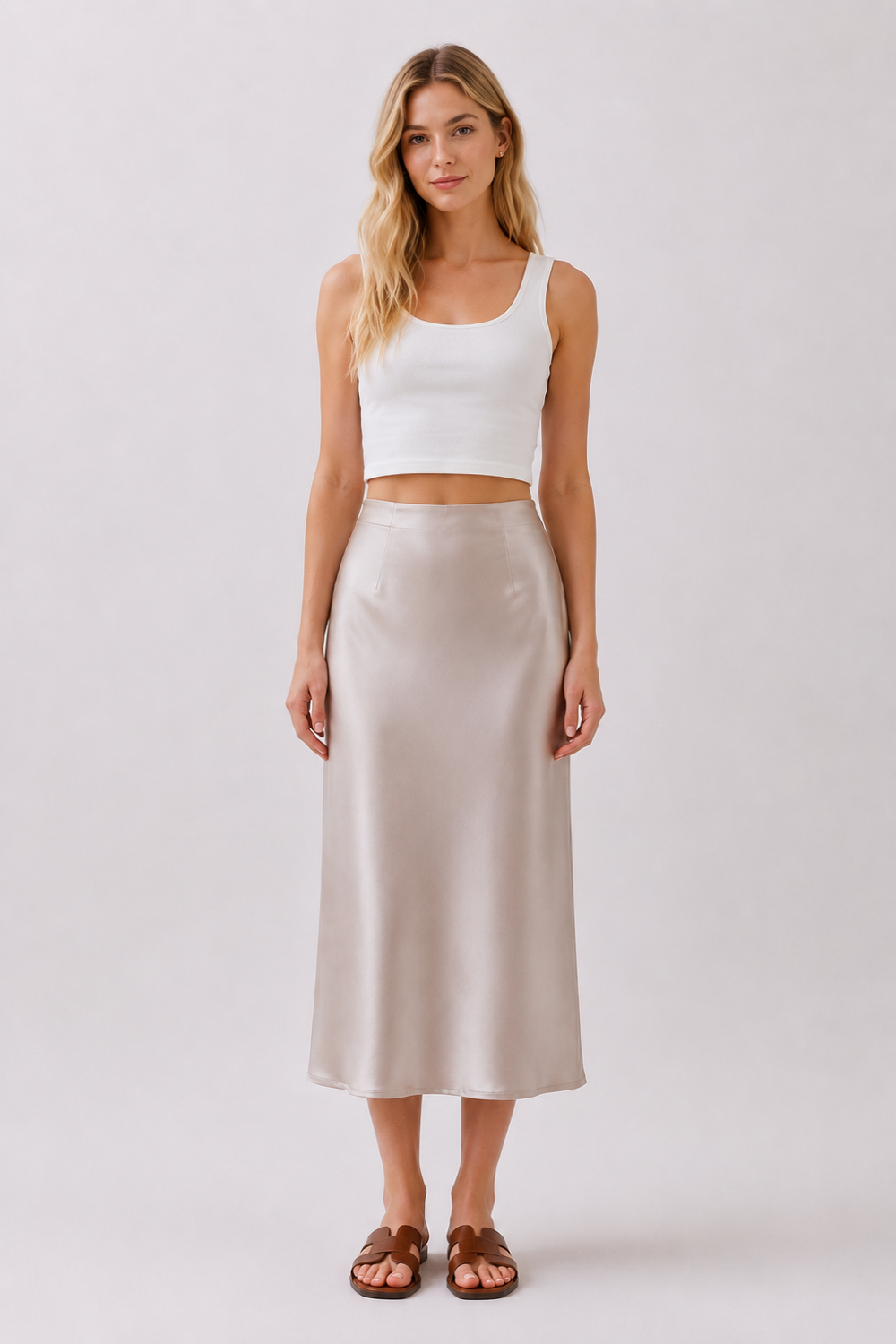 Stretch Satin A-Line Midi Skirt | Elegant Slip Skirt