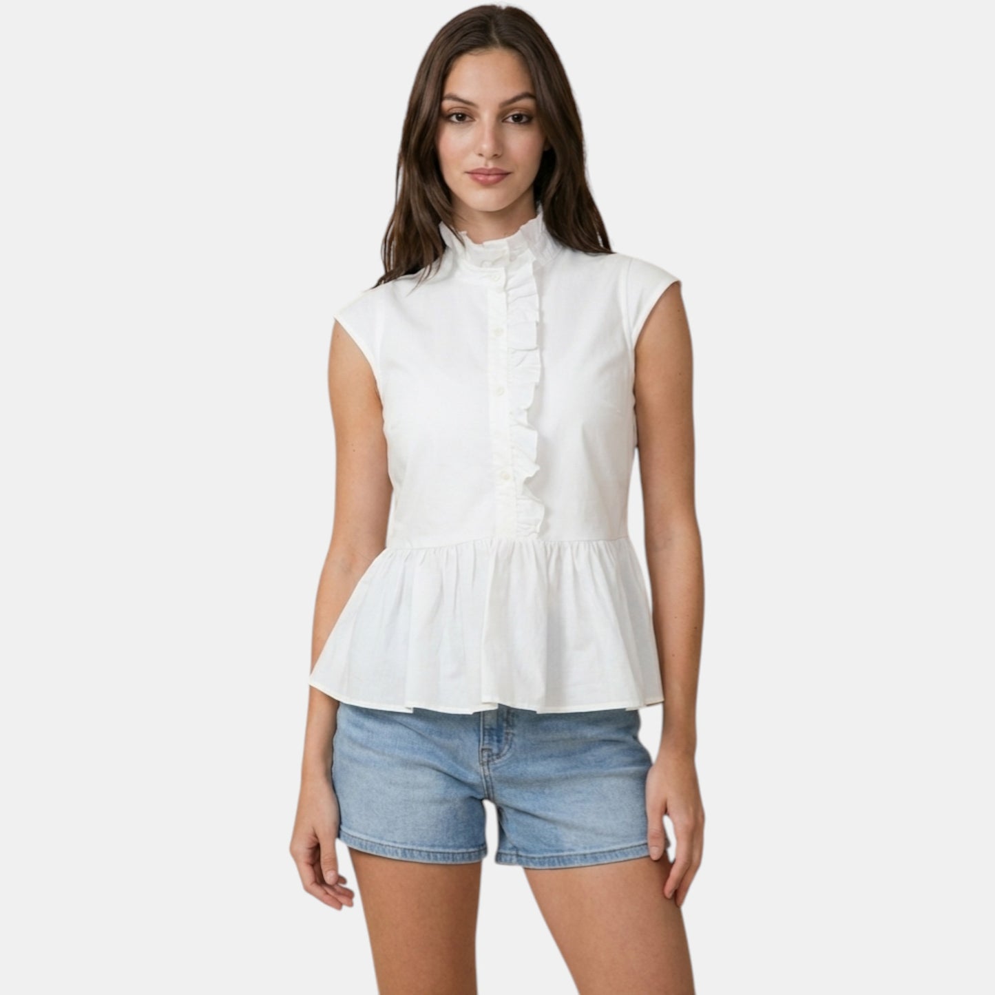 Ruffle Neck Peplum Cotton Blouse