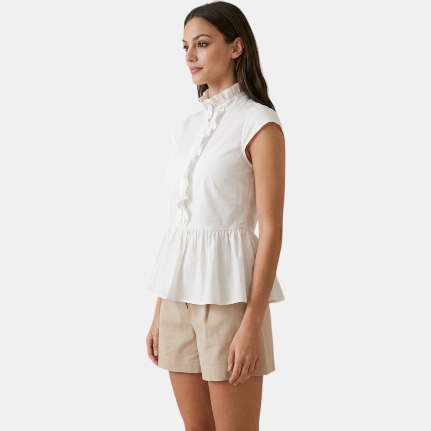 Ruffle Neck Peplum Cotton Blouse