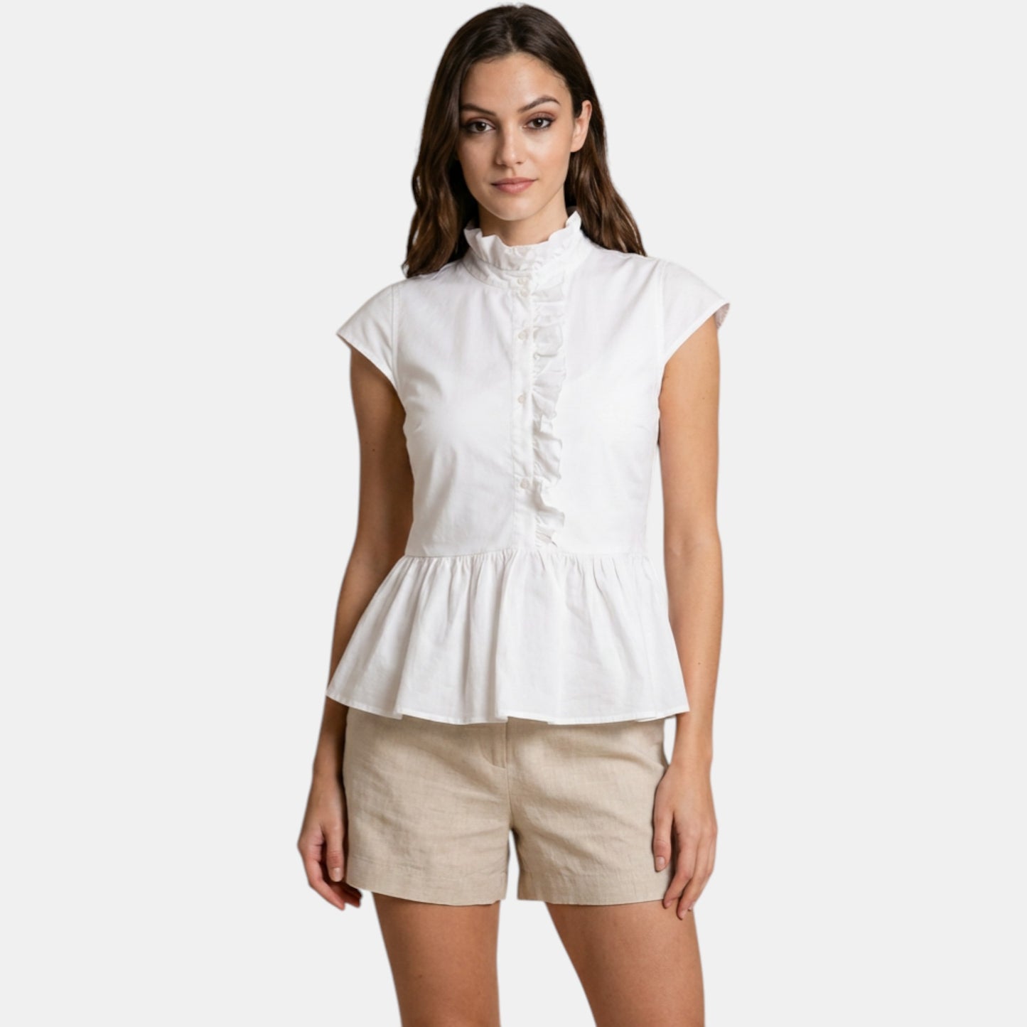 Ruffle Neck Peplum Cotton Blouse